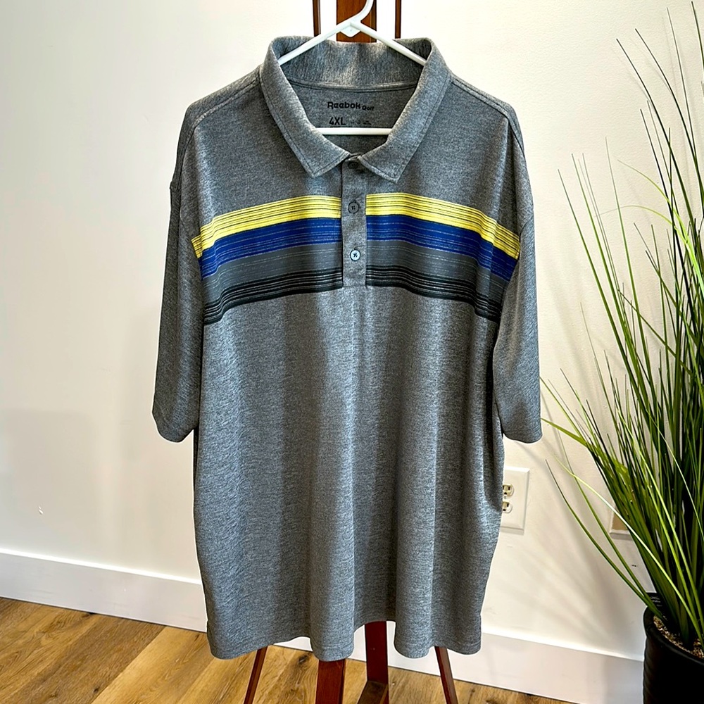 Reebok Men's Gray Polo Shirt with Blue and Yellow Stripes